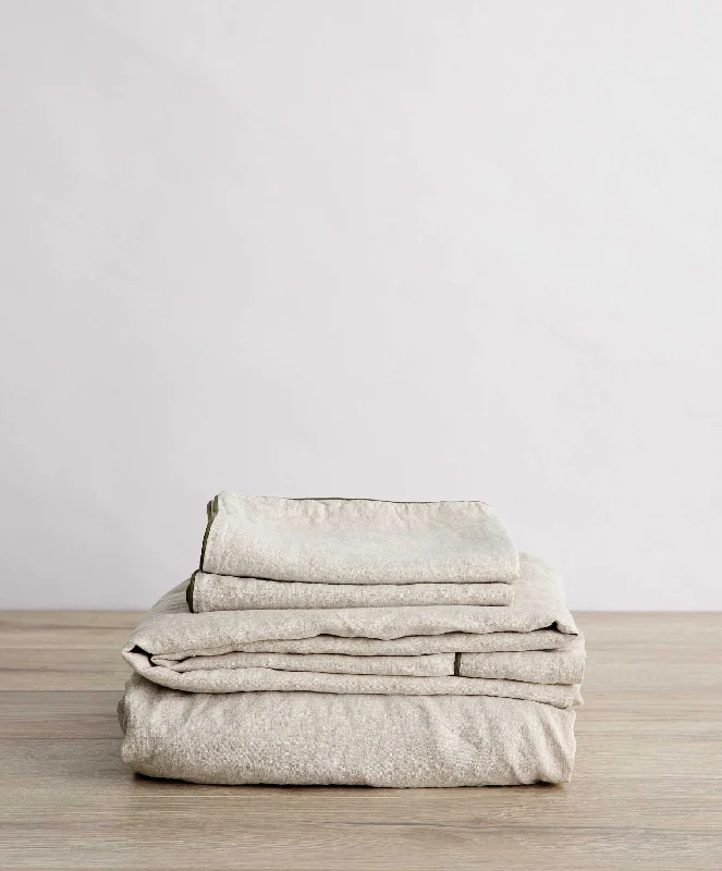 Piped Linen Sheet Set with Pillowcases - Natural and Forest