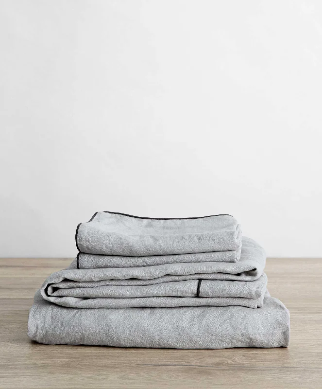 Piped Linen Sheet Set with Pillowcases - Smoke Grey and Slate