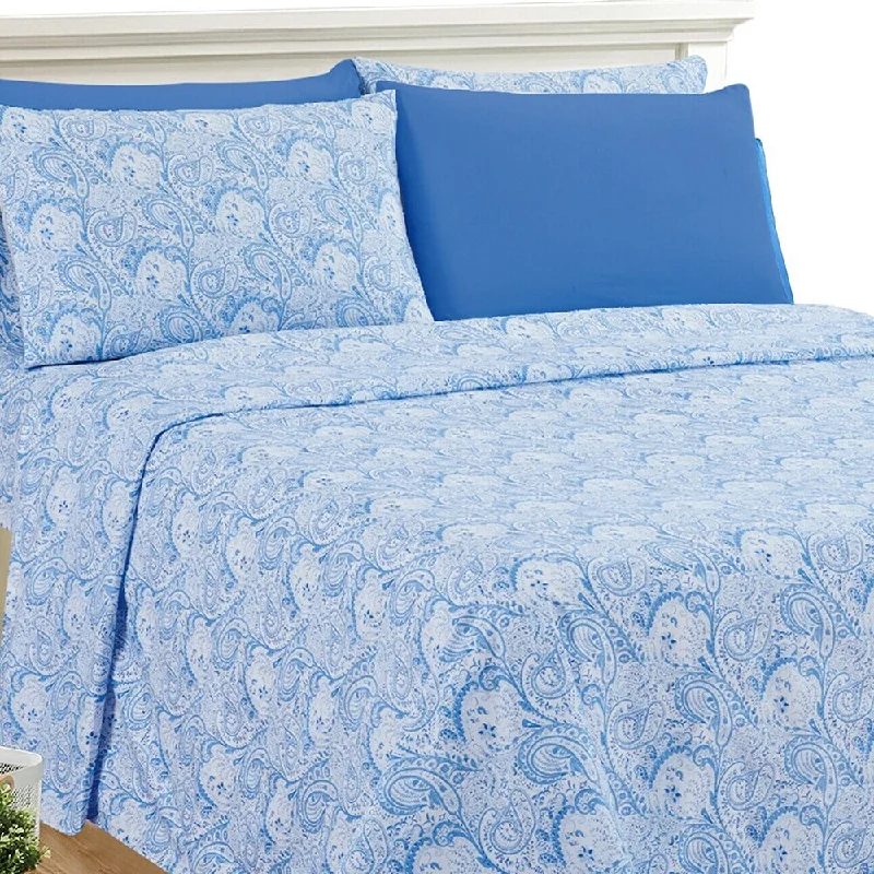 Luxury 6 Piece Bed Sheet Set 1800 Count Paisley King White Blue