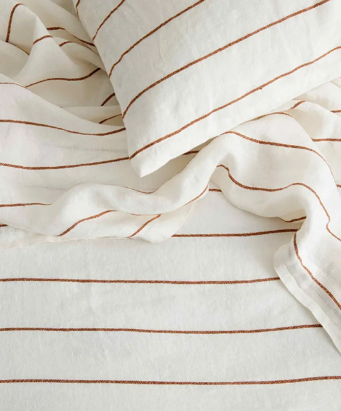 Linen Flat Sheet with Border - Cedar Stripe